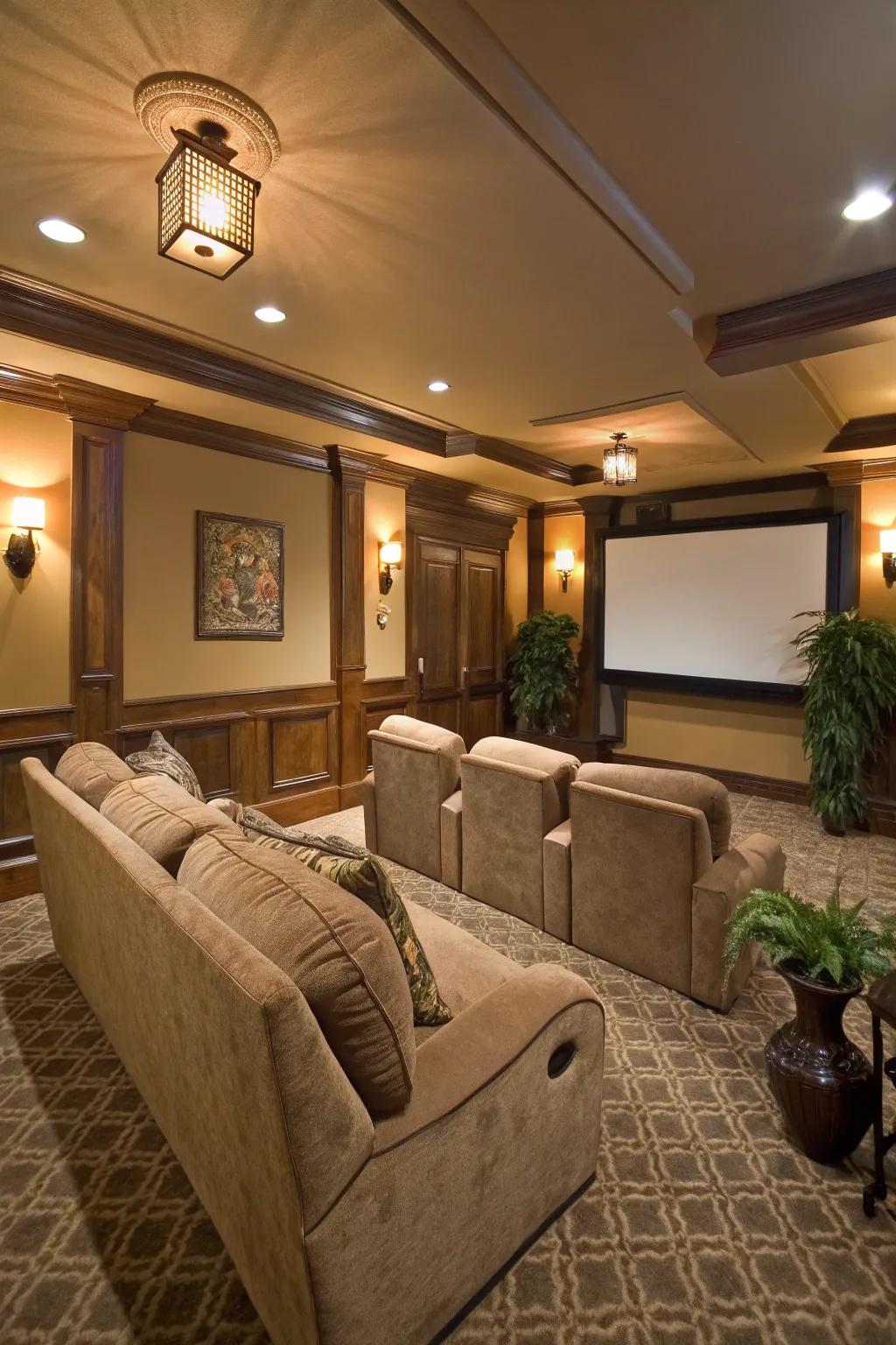 An inviting media room with earth-toned walls, exuding warmth and comfort.