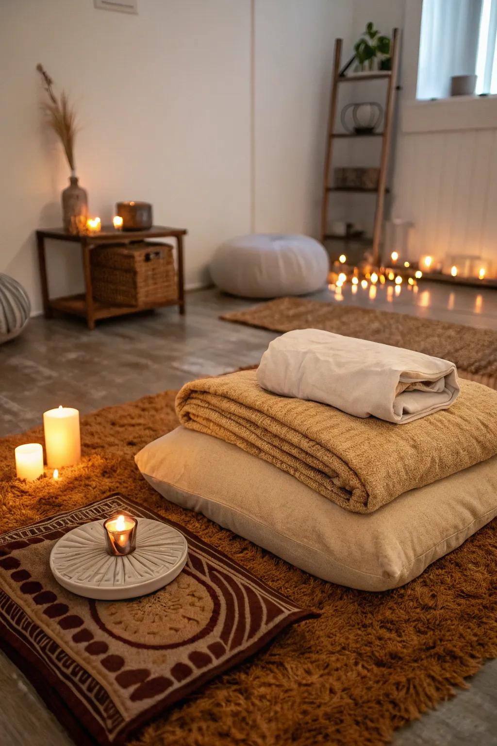 A gentle carpet and wrap render your meditation corner congenial and welcoming.