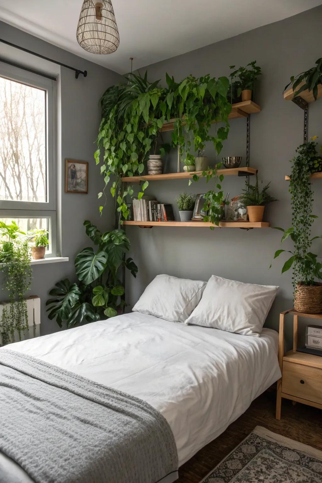 The sleek grey bedroom gains a fresh touch from the greenery.