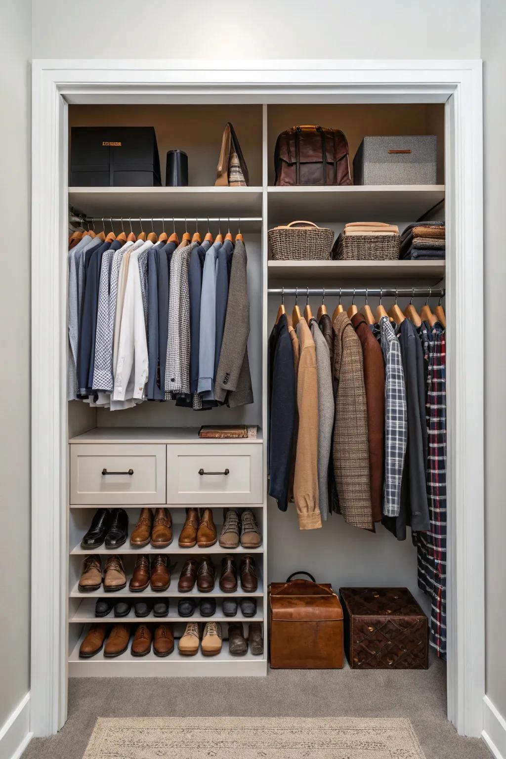 Clever use of vertical space for additional storage in a men's closet.