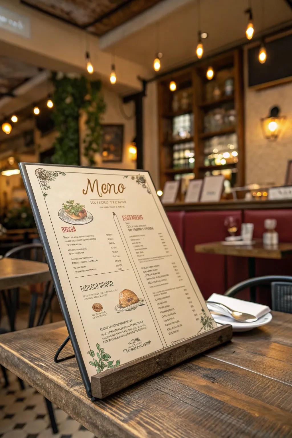 Theme integration marries the menu with the restaurant’s identity.