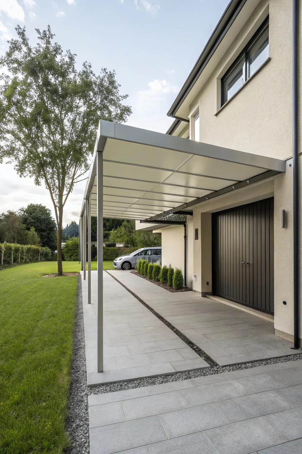 A minimalist carport complements modern architectural styles with its clean design.