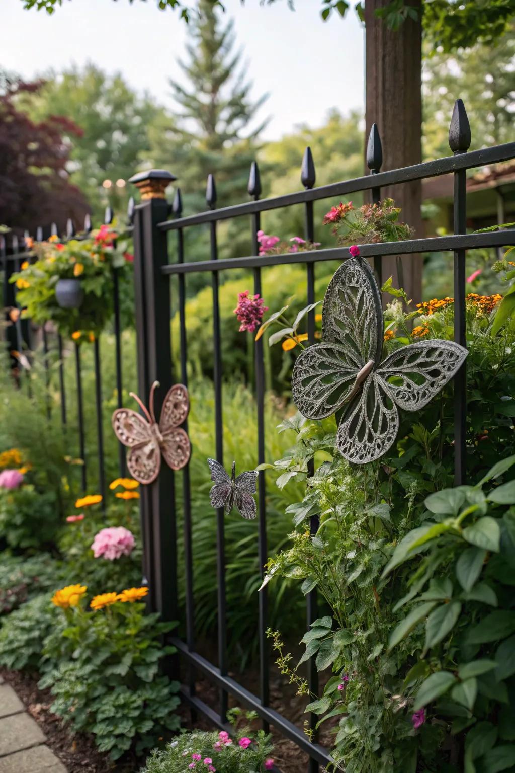 Hanging metal art adds magic to garden walls.