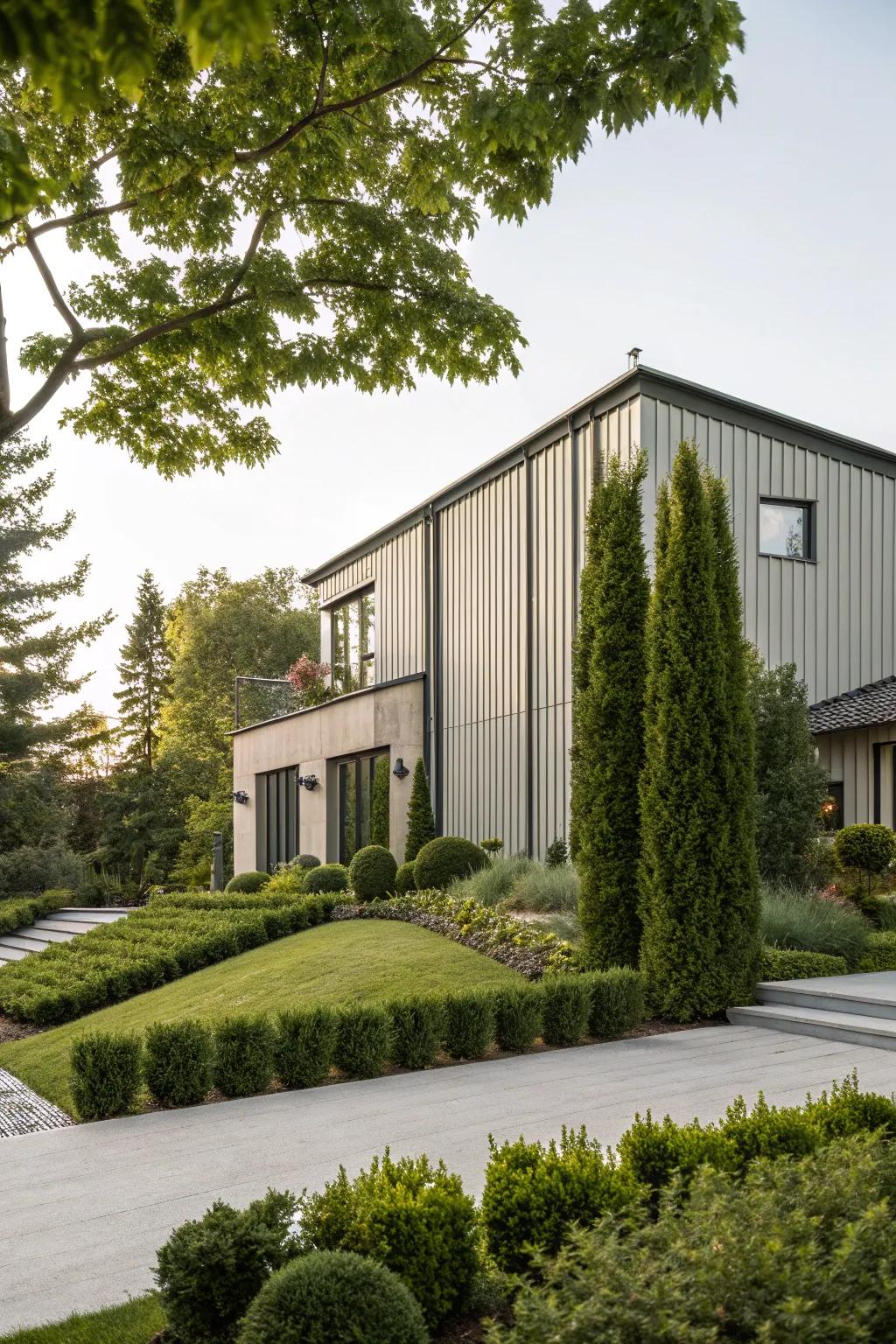 An elegant dwelling showcasing upright metal cladding, amplifying its stately aura.