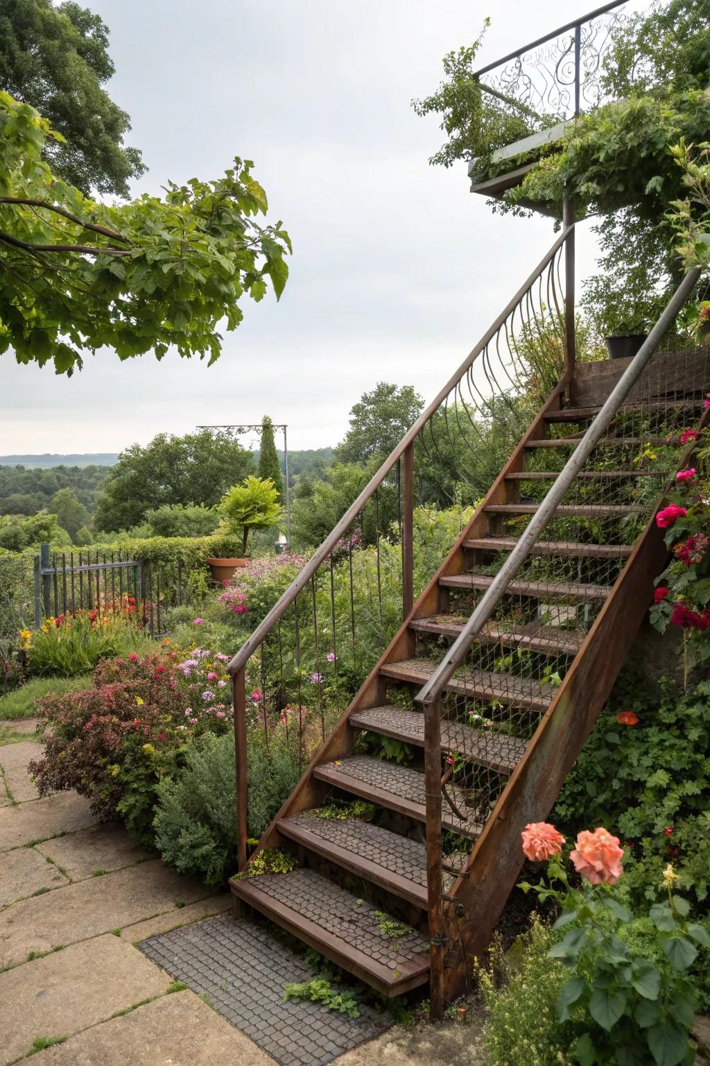Augment your garden ingress through a dapper metal stairway.