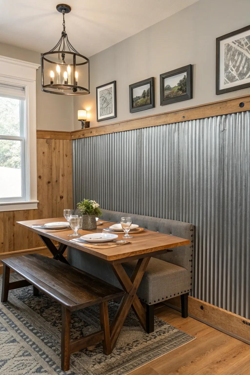 Bring drama and refinement to your eating space using metallic wall paneling.