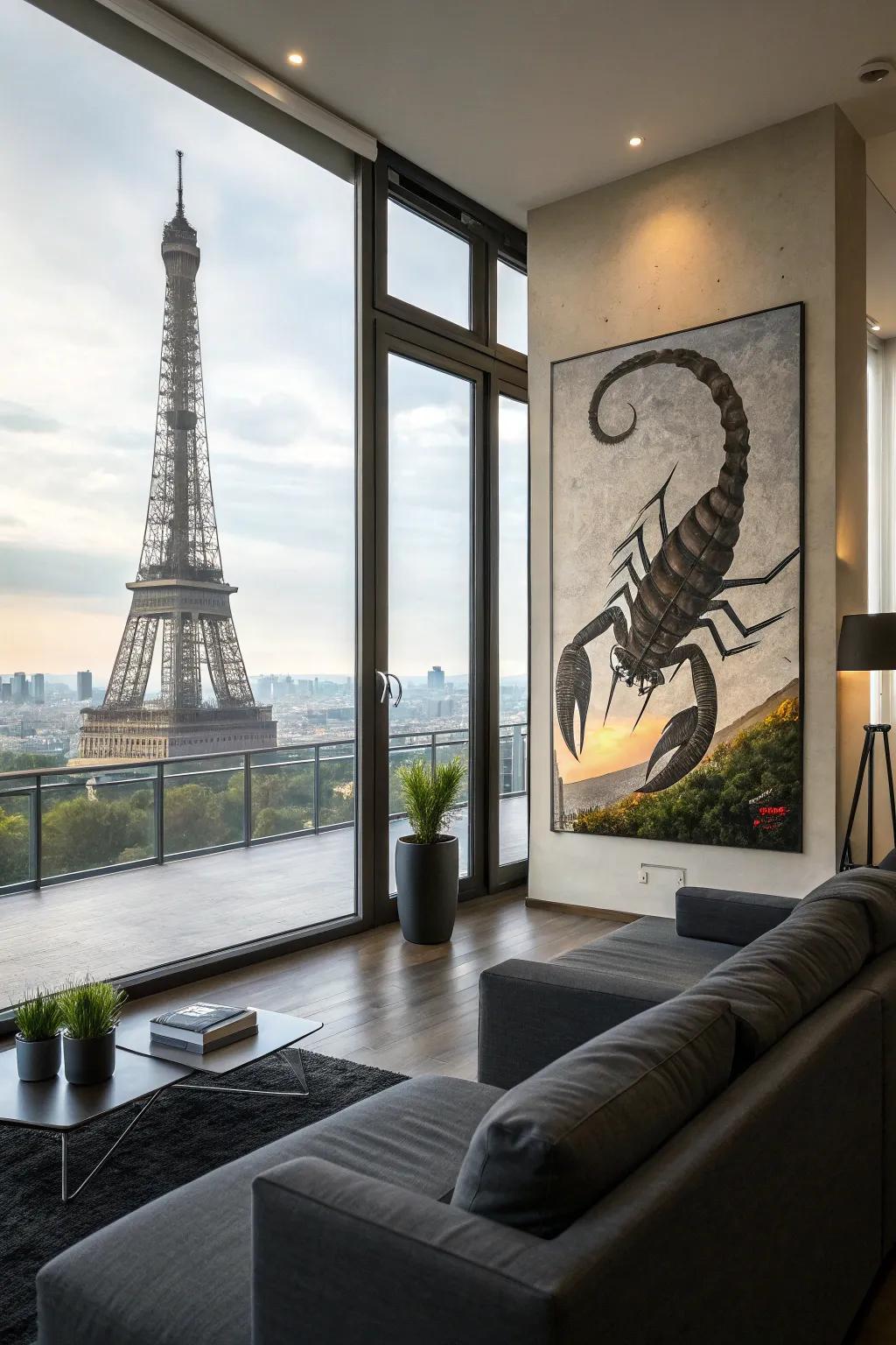 The Eiffel Tower morphs into a scorpion, adding a daring flair.