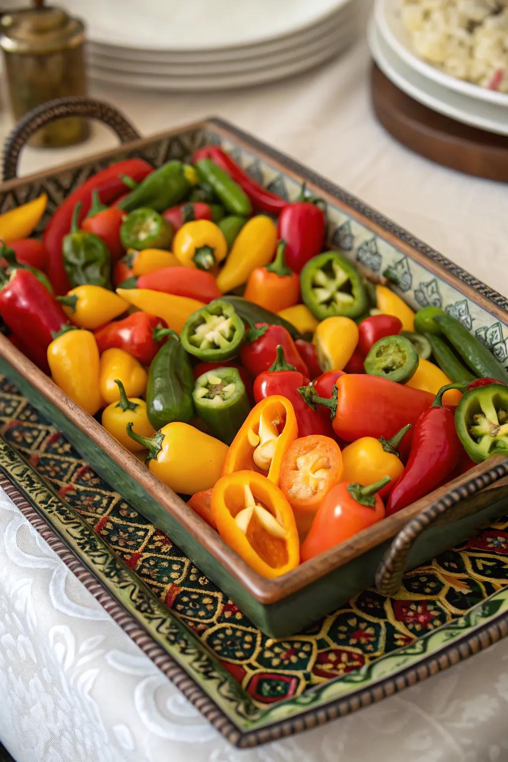 Rainbow of peppers adds crispness and color.