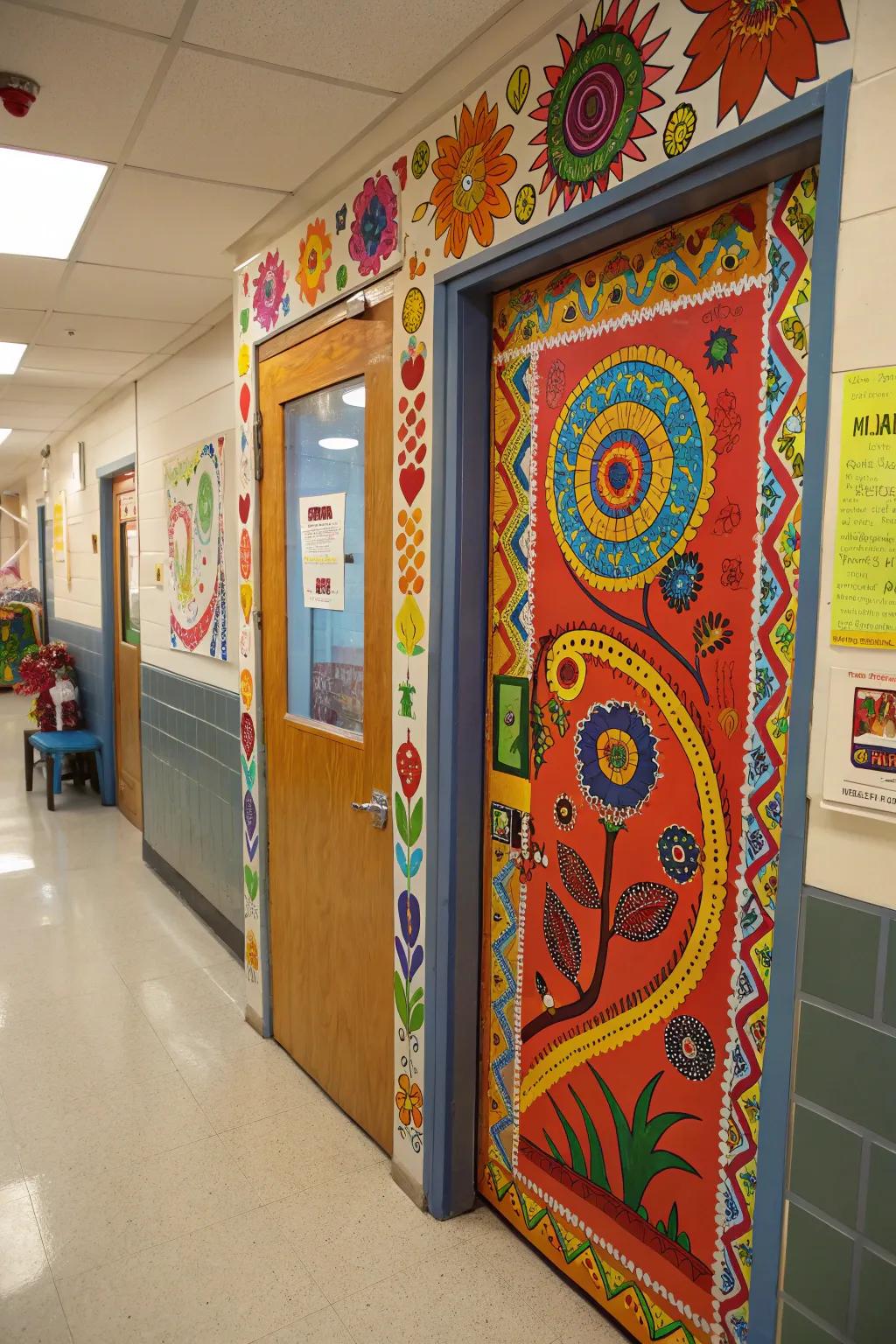 An explosion of radiant artistry on a classroom door.