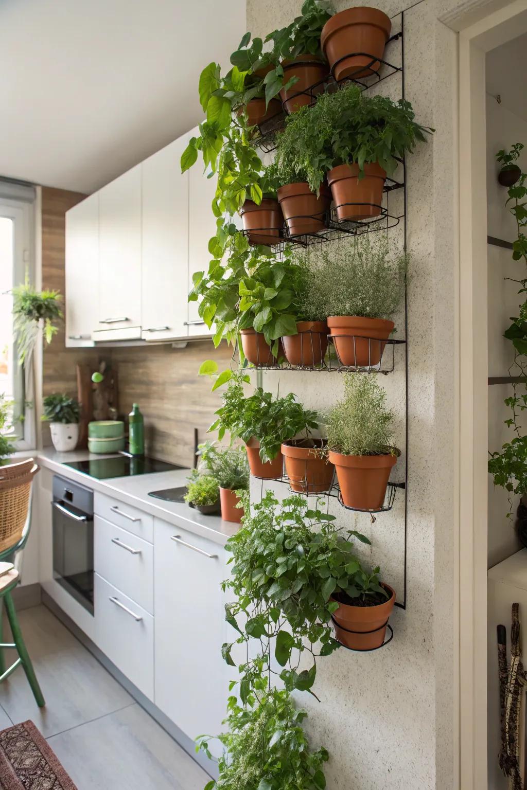 An efficient and attractive upright garden showcasing cooking herbs.