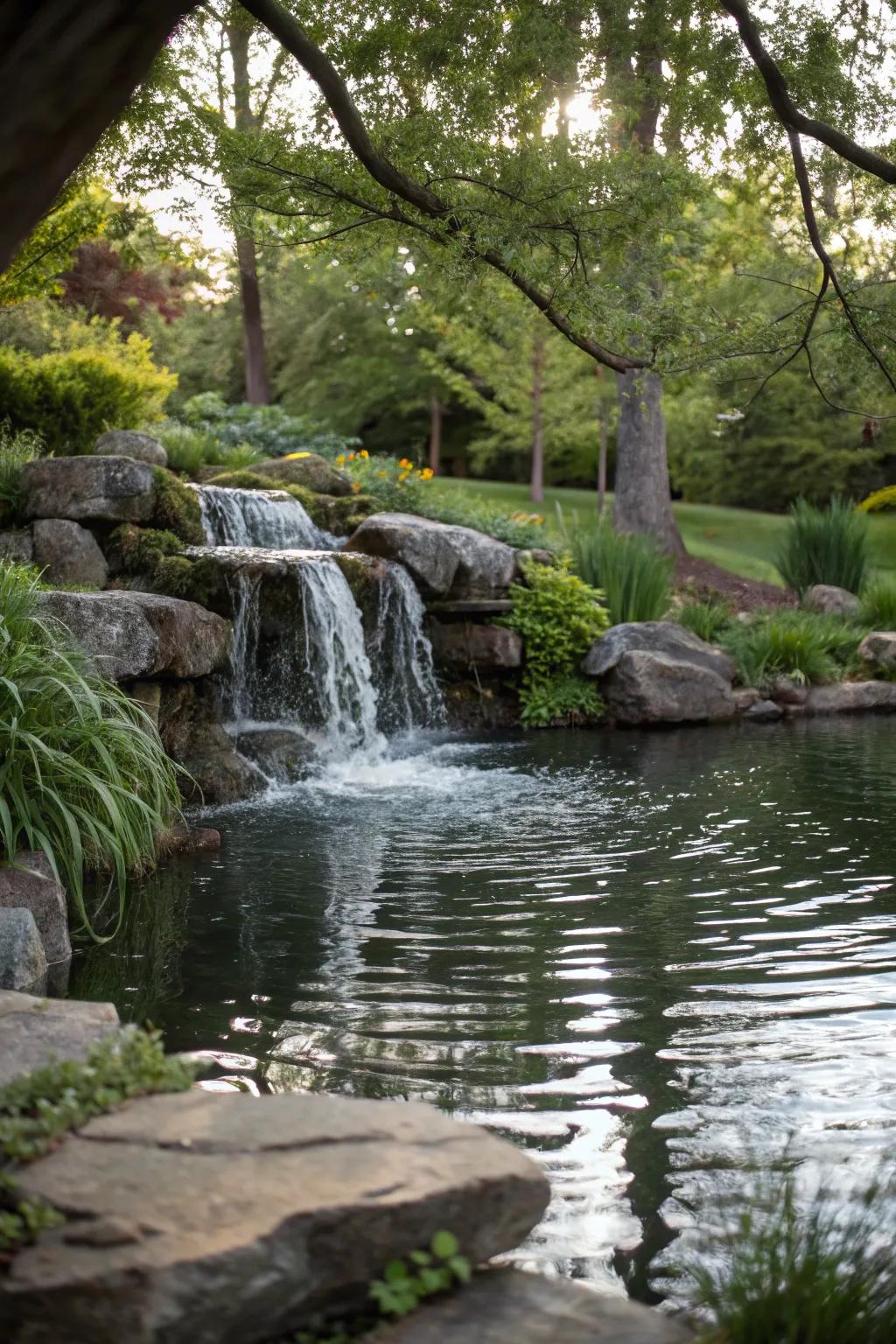 A mini pond featuring a tiered descent for increased tranquility.