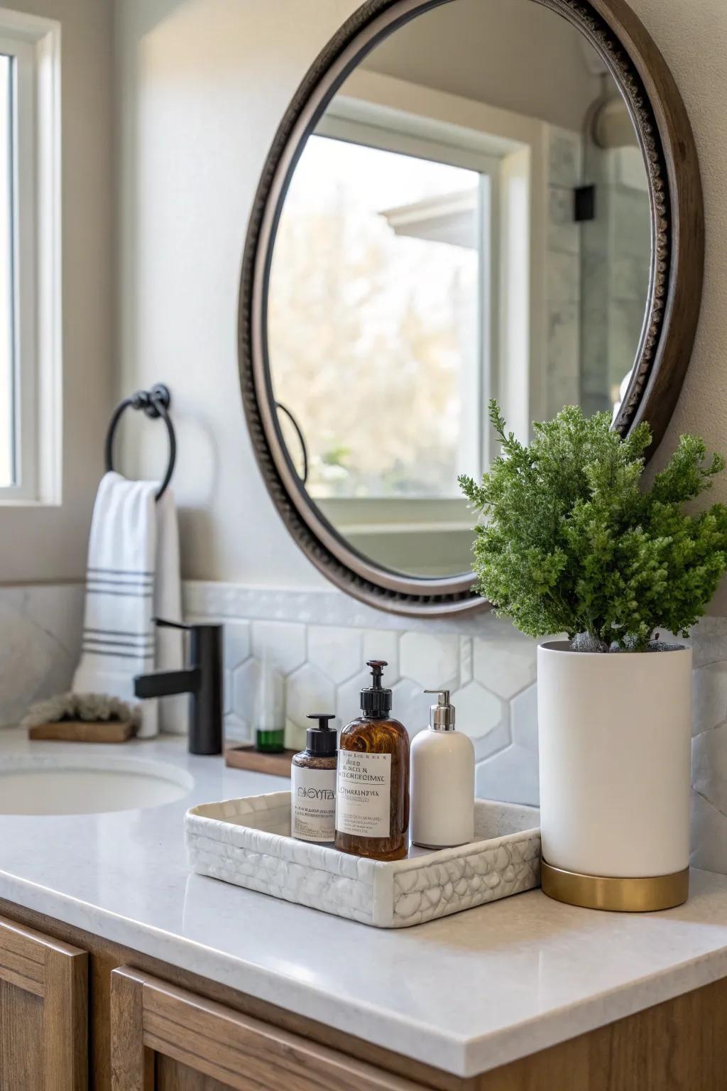 A circular looking-glass acts as a fashionable centerpiece in the bathroom.