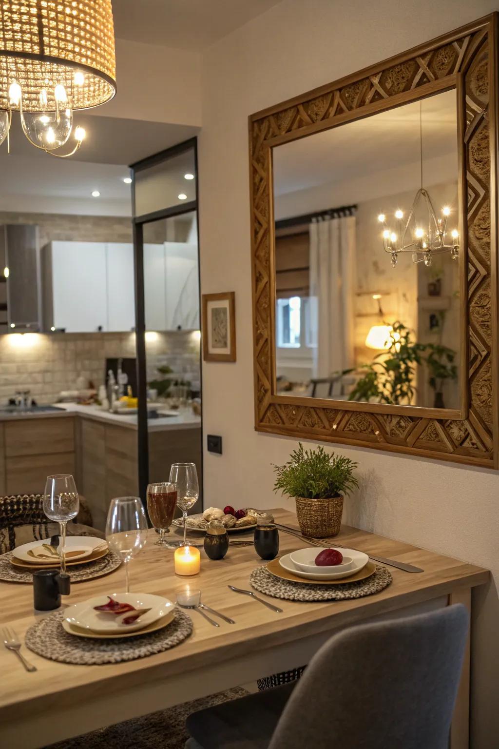 A dining area mirror reflecting light and enhancing the warmth of family meals.