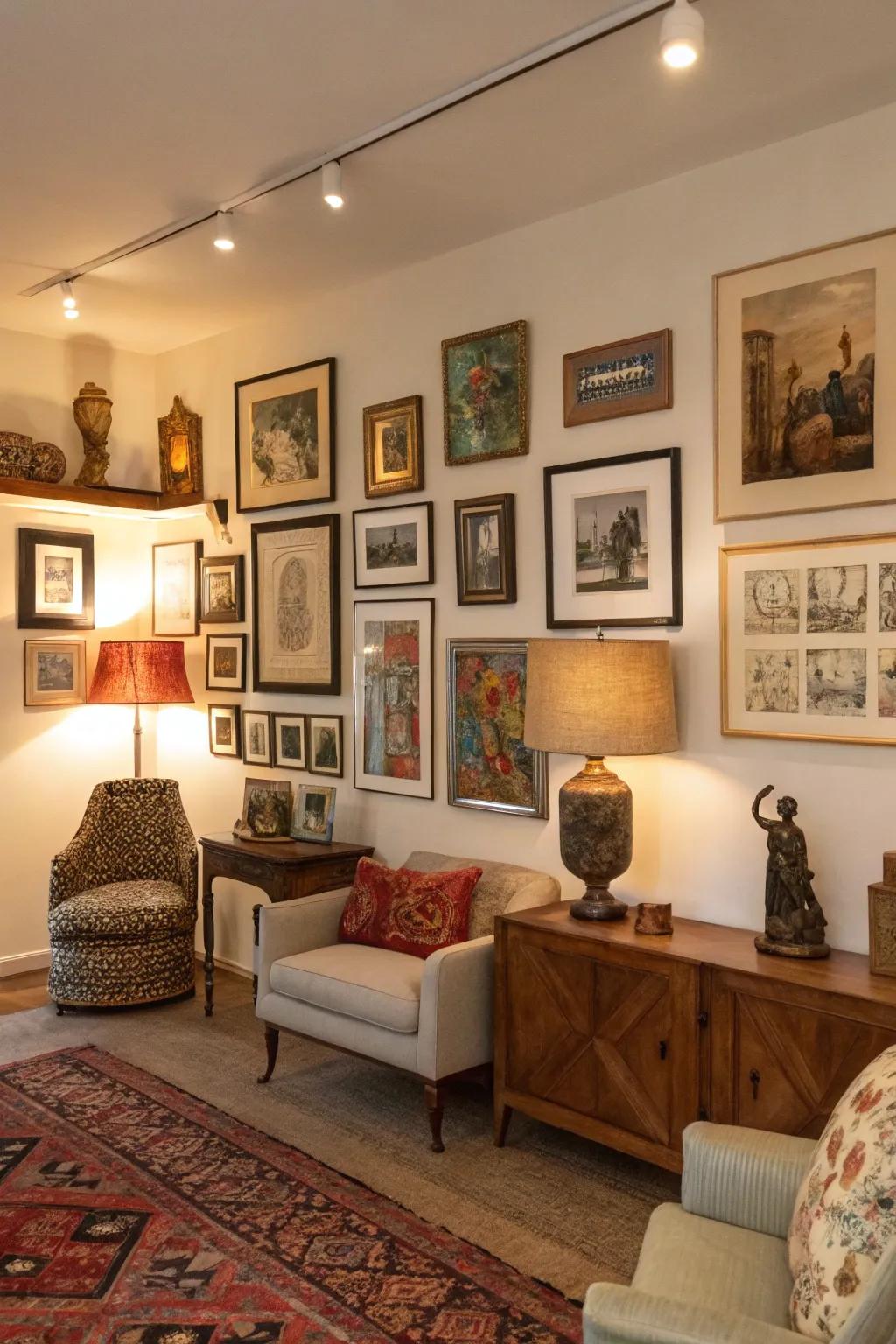 The gallery wall benefits from the creative touch of these varied arrangements.