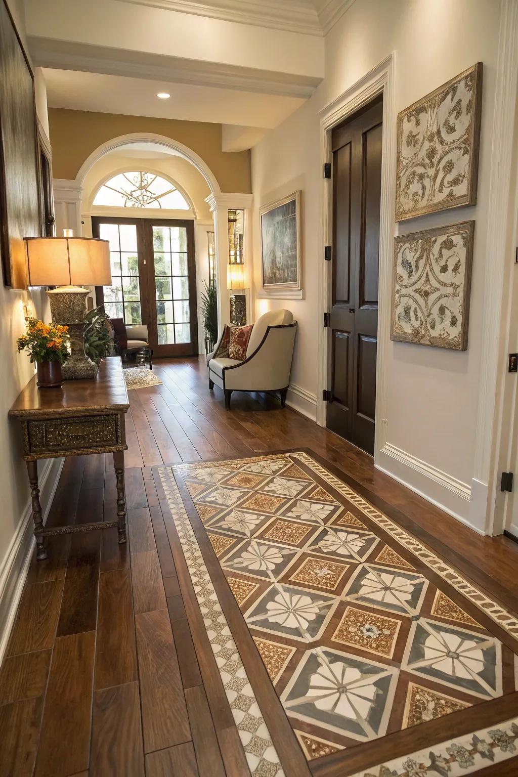 Patterned floor squares and hardwood create a striking entryway impression.