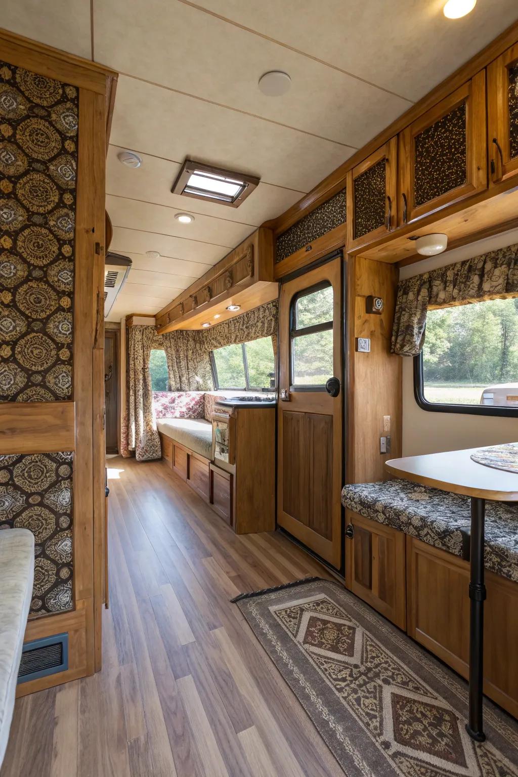Your mobile home's interior design can be warmed up by wood elements.