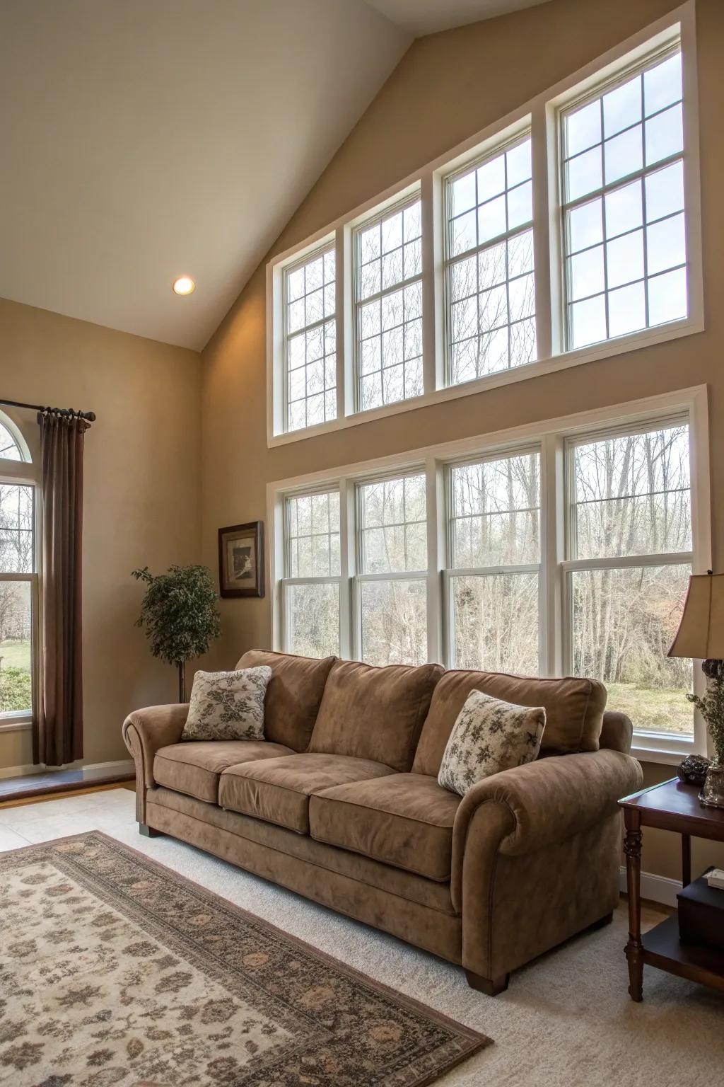 Natural light enhances the spacious sensation surrounding the cocoa sofa.