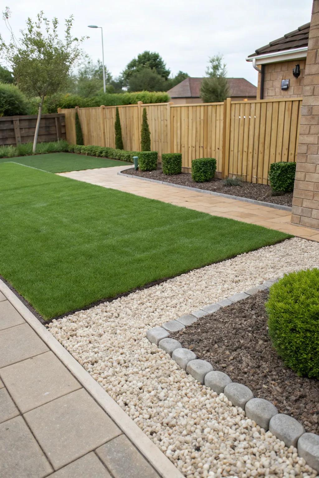 A contemporary front yard design that creatively uses artificial lawn and contrasting stone chippings.
