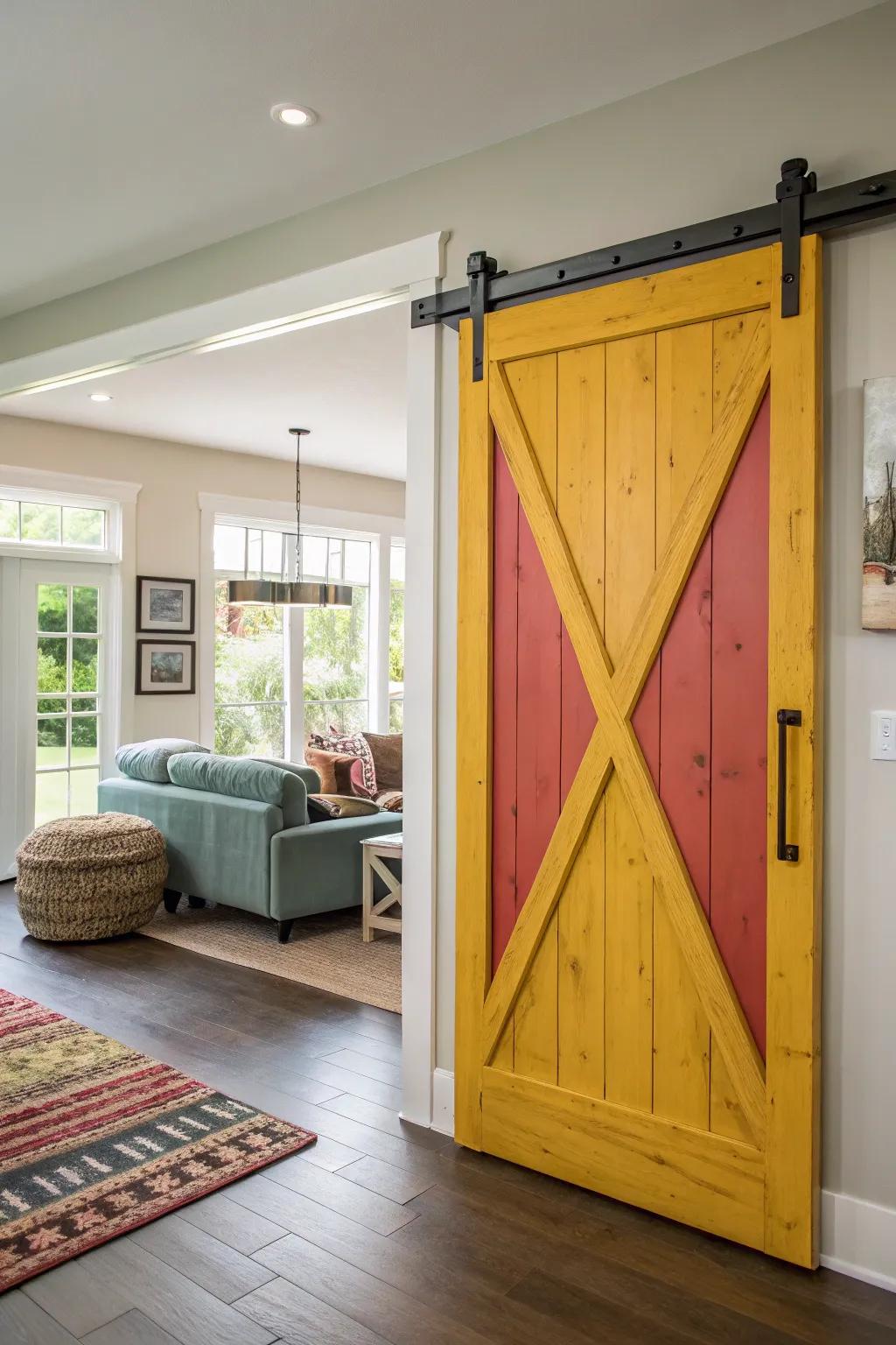 A brightly colored barn door acts as a striking focal point, energizing the space.