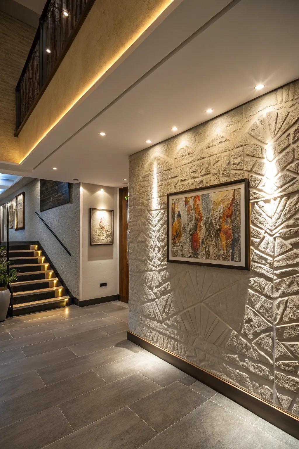 Emphasized lighting showcases textures and artwork, adding richness to the basement.