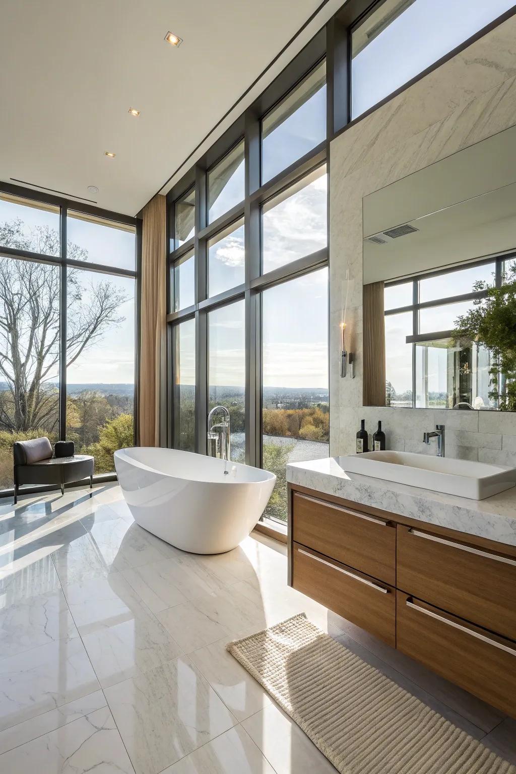 Daylight floods into the bathroom through expansive windows.