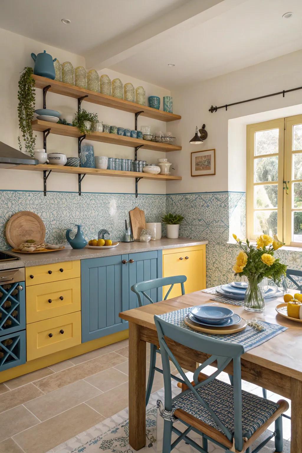 Natural wood elements infuse warmth into the vibrant color palette.