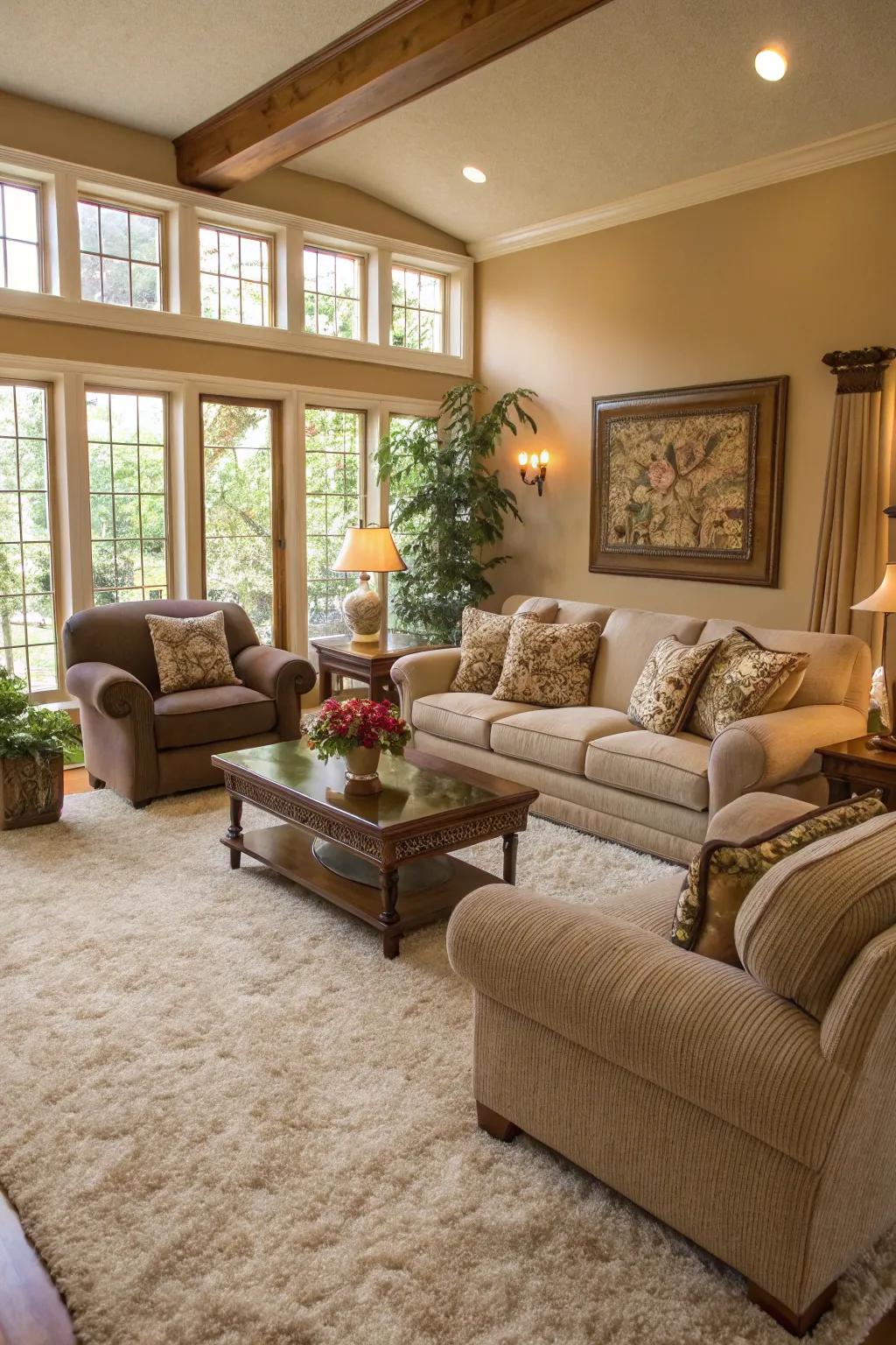 Inviting lounge featuring a plush carpet enhancing the comfort of a spacious seating area