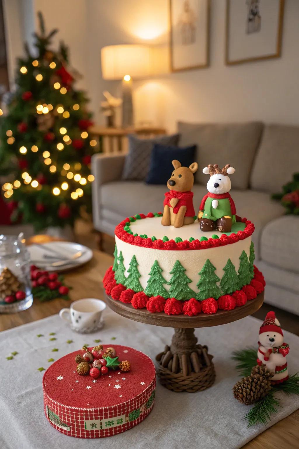 Christmas cake featuring lively celebratory figurines