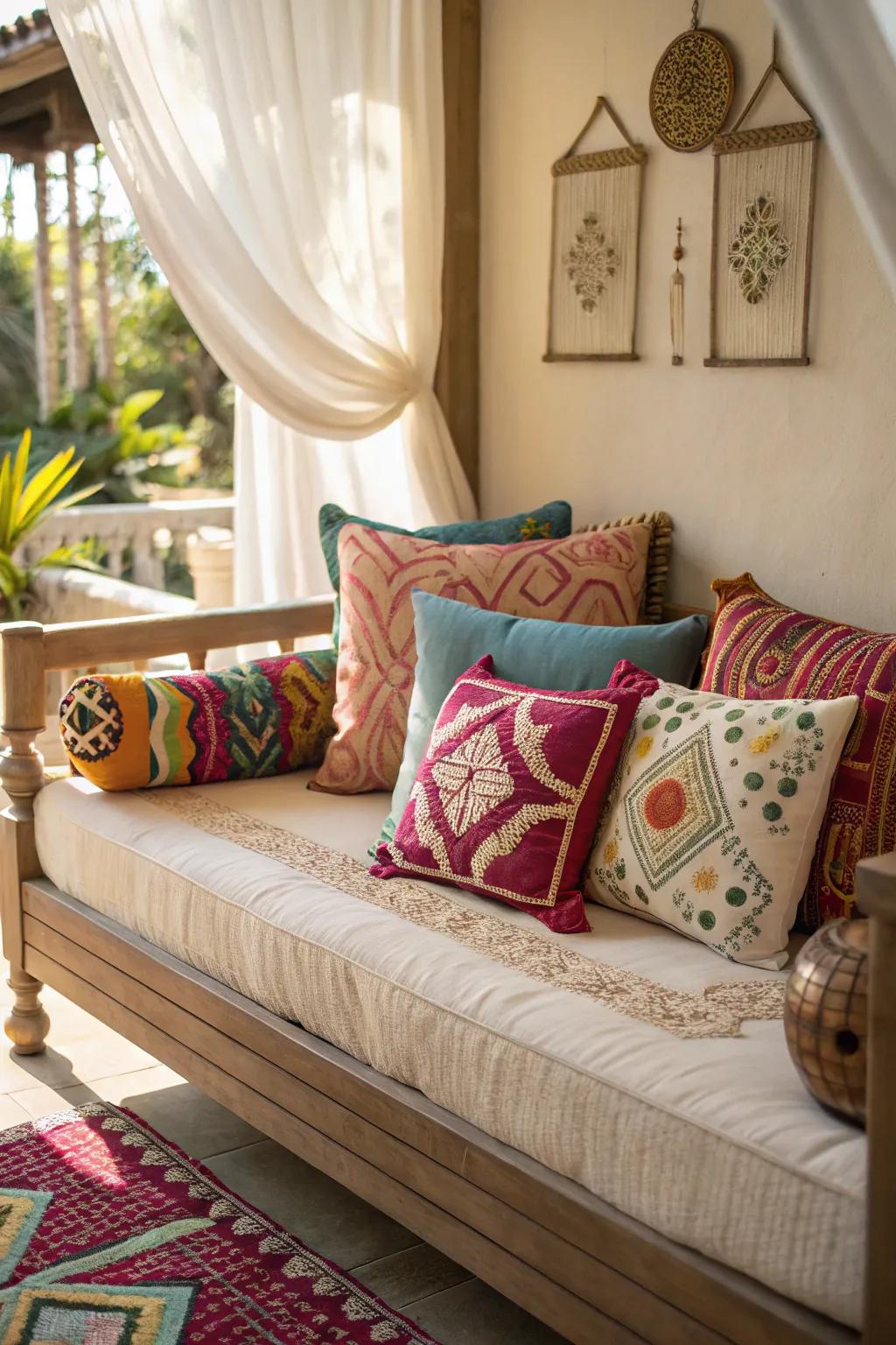 A collection of ornamental cushions introduces charm and comfort to a daybed.