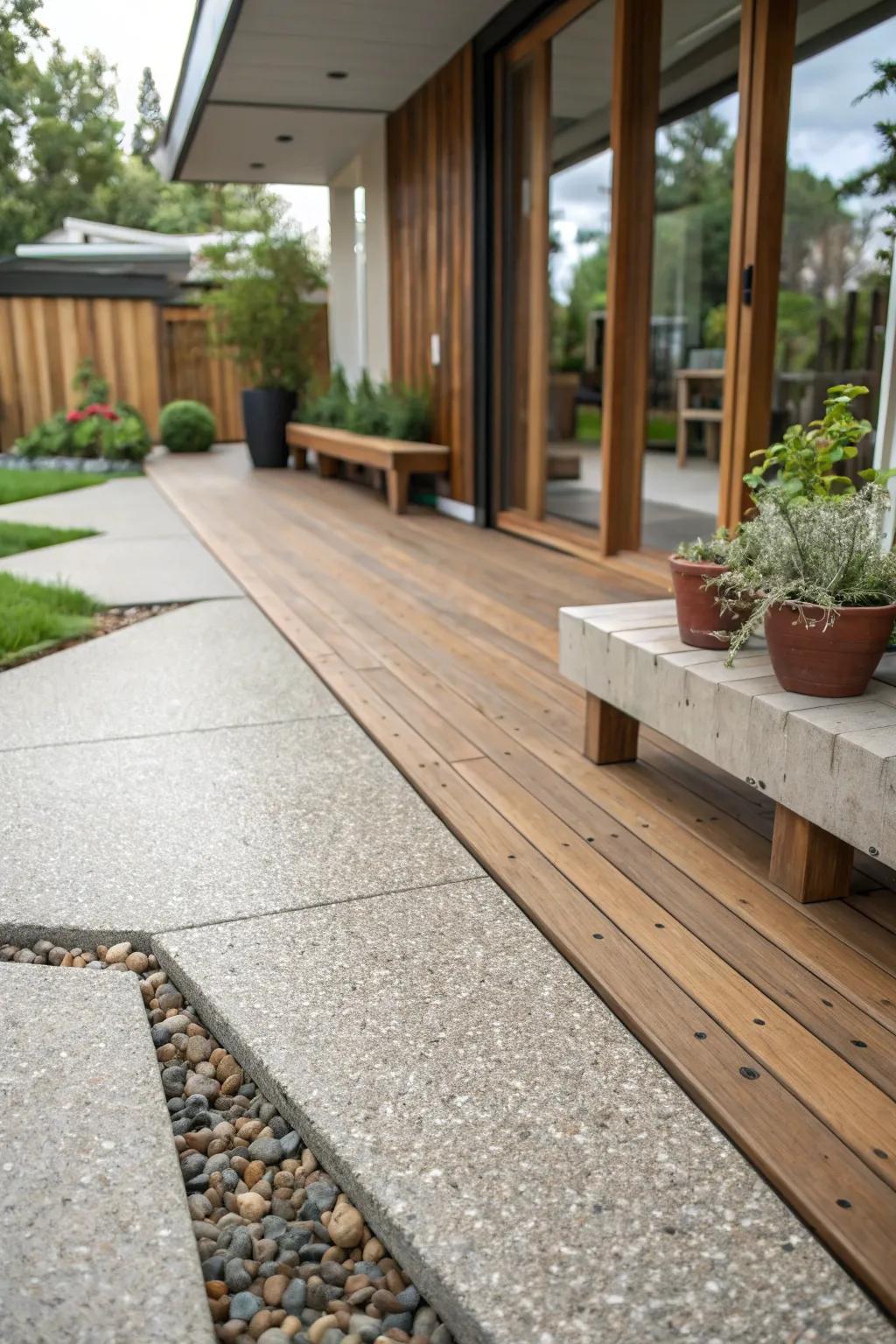 A combination of wood and stone creates a unique patio appearance.