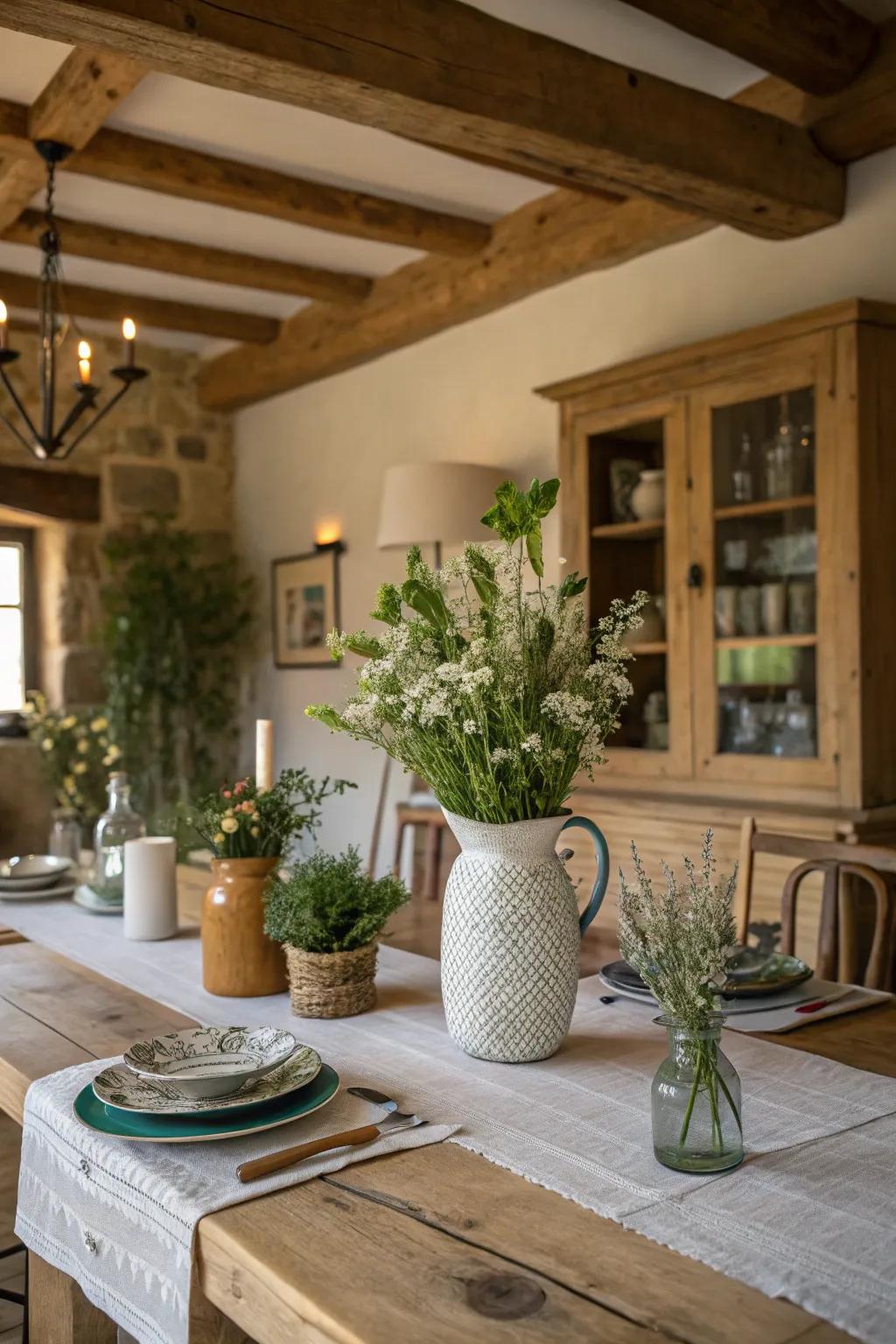 Ornamental aspects introduce a fresh element to the dining space.