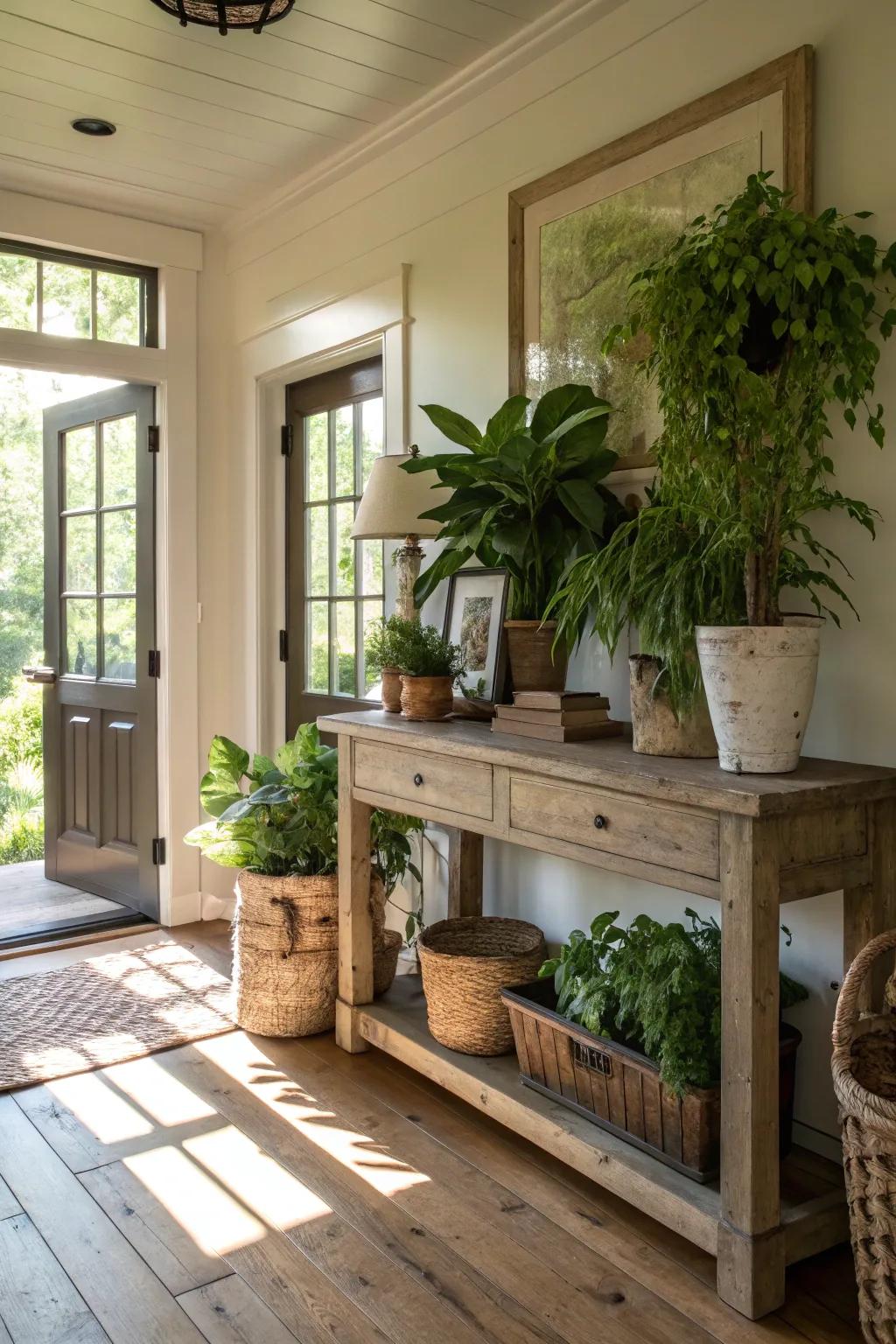 Foliage instills vibrancy into this farmhouse entryway.