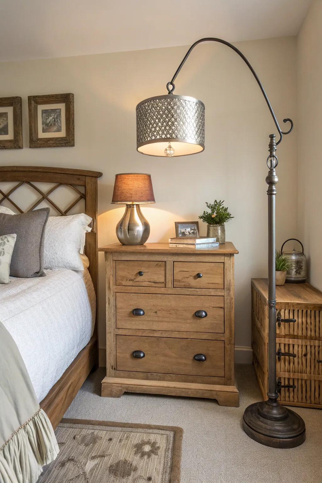 A blend of materials adds depth and interest to this farmhouse guest bedroom.