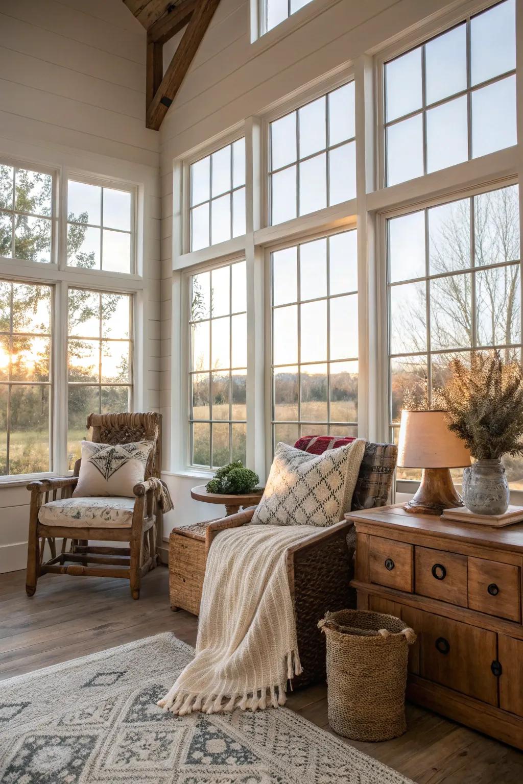 Natural light streams into this contemporary farmhouse area, engendering an inviting atmosphere.