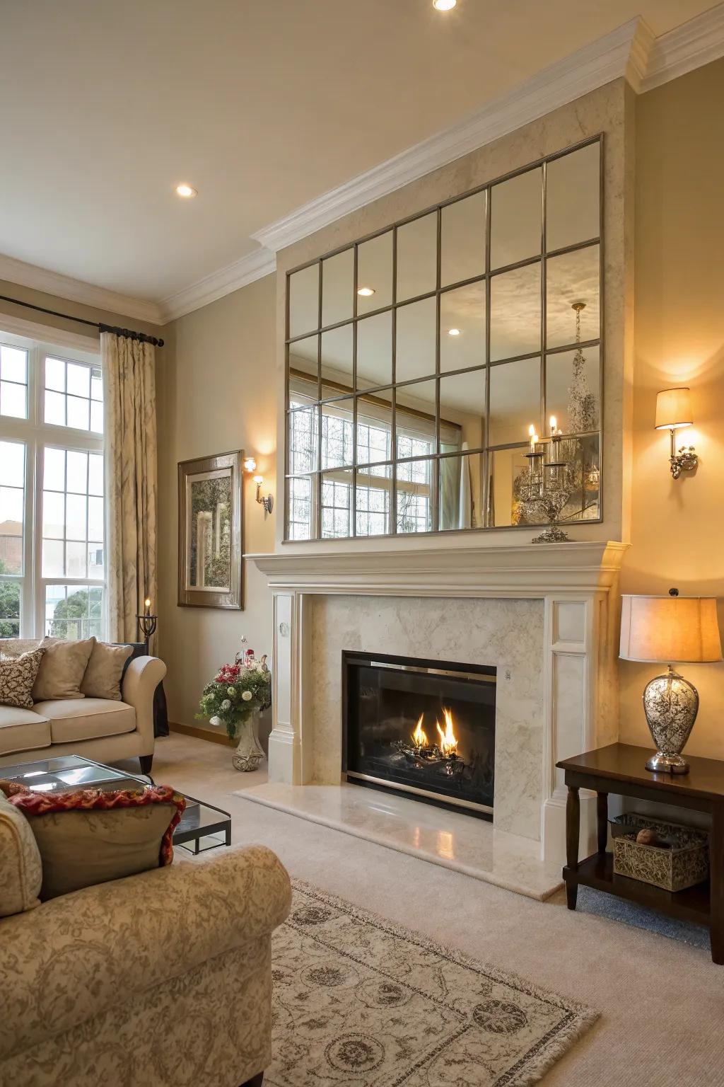 Mirrors amplify light and spaciousness around your fireplace.