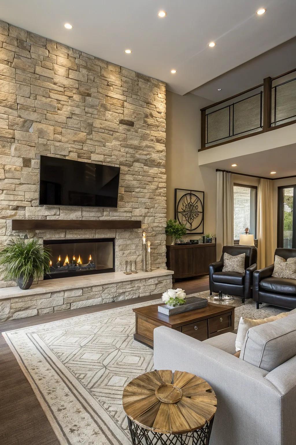 A rock embellishment wall introduces depth and texture to a contemporary fireplace arrangement.