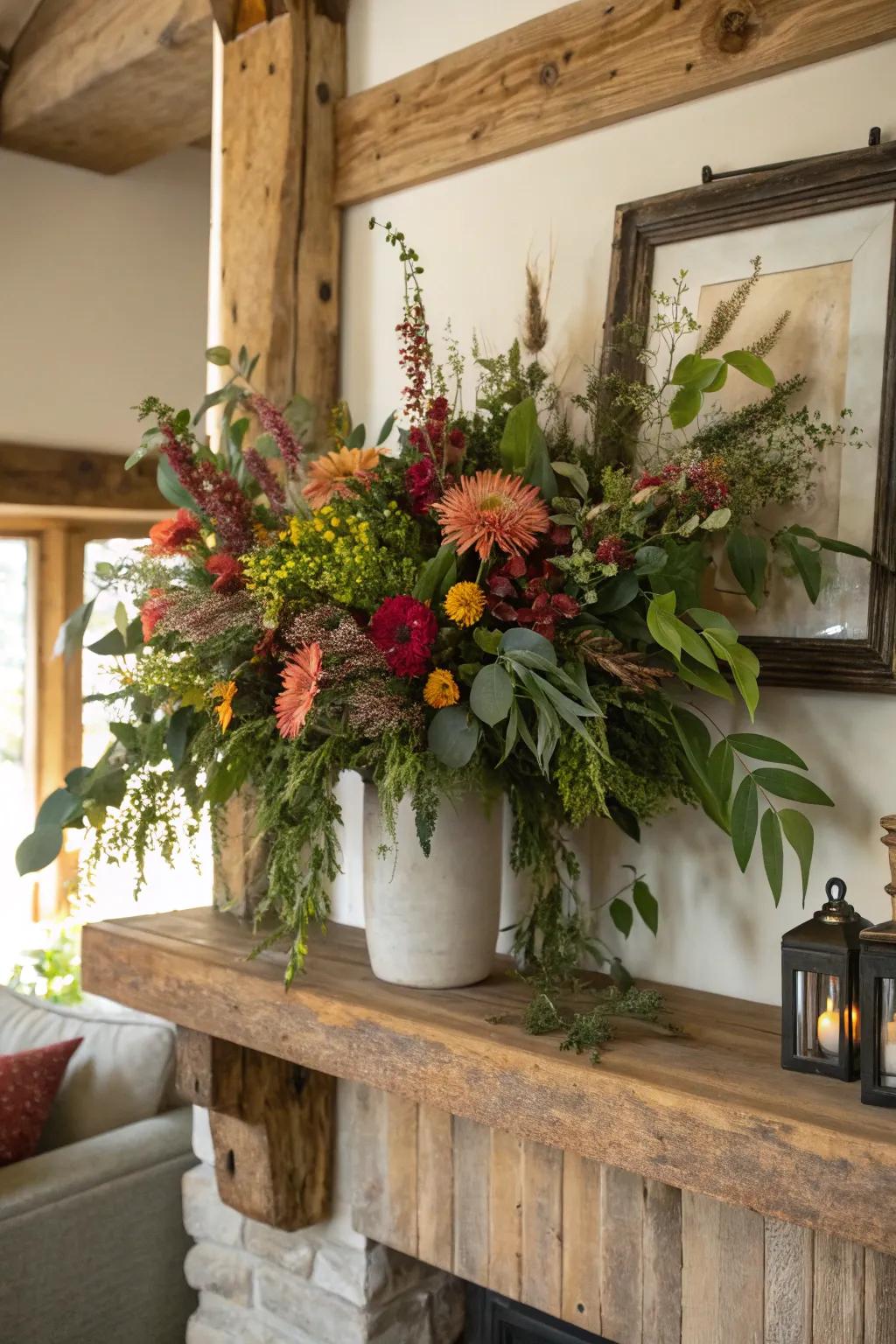 A flower arrangement featuring nature-inspired accents for amplified texture.