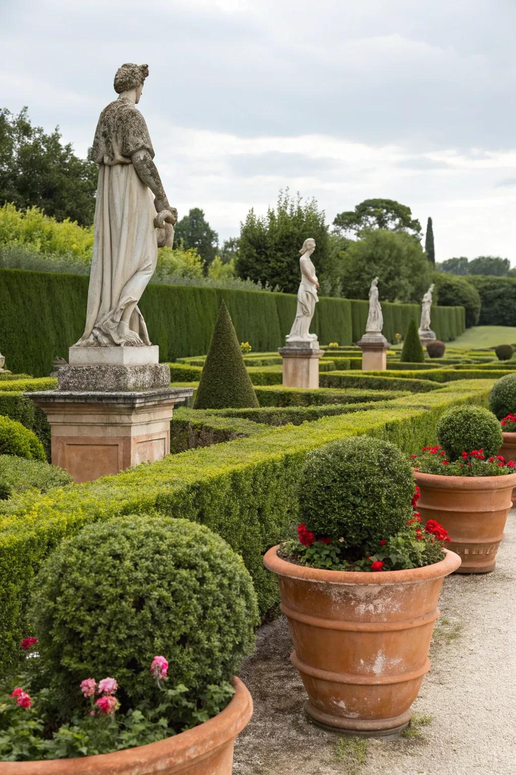 Thoughtfully placed pots and statues bring sophistication to the garden.