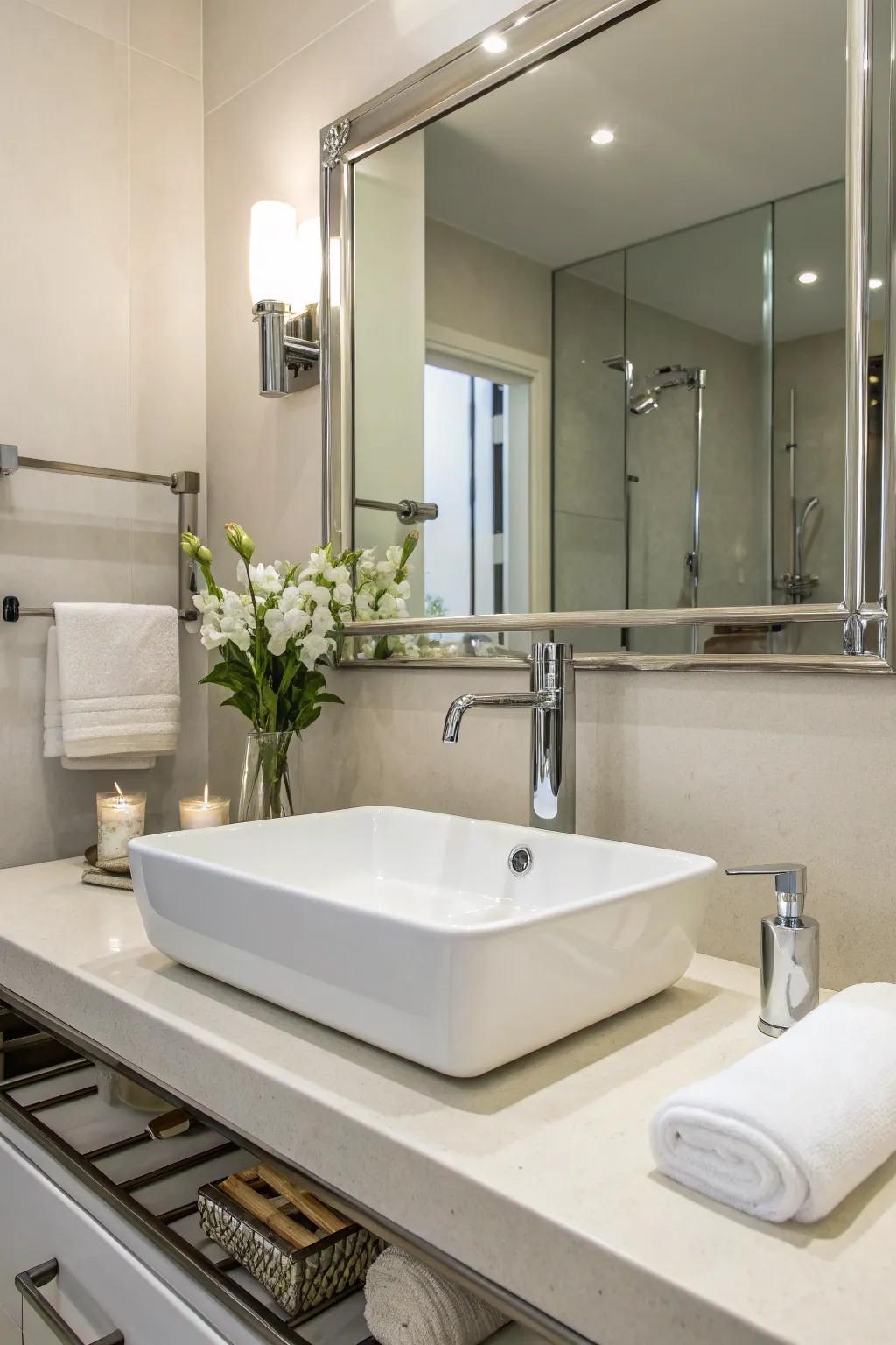 Sleek hardware introduces a contemporary touch to any gray and white bathroom.