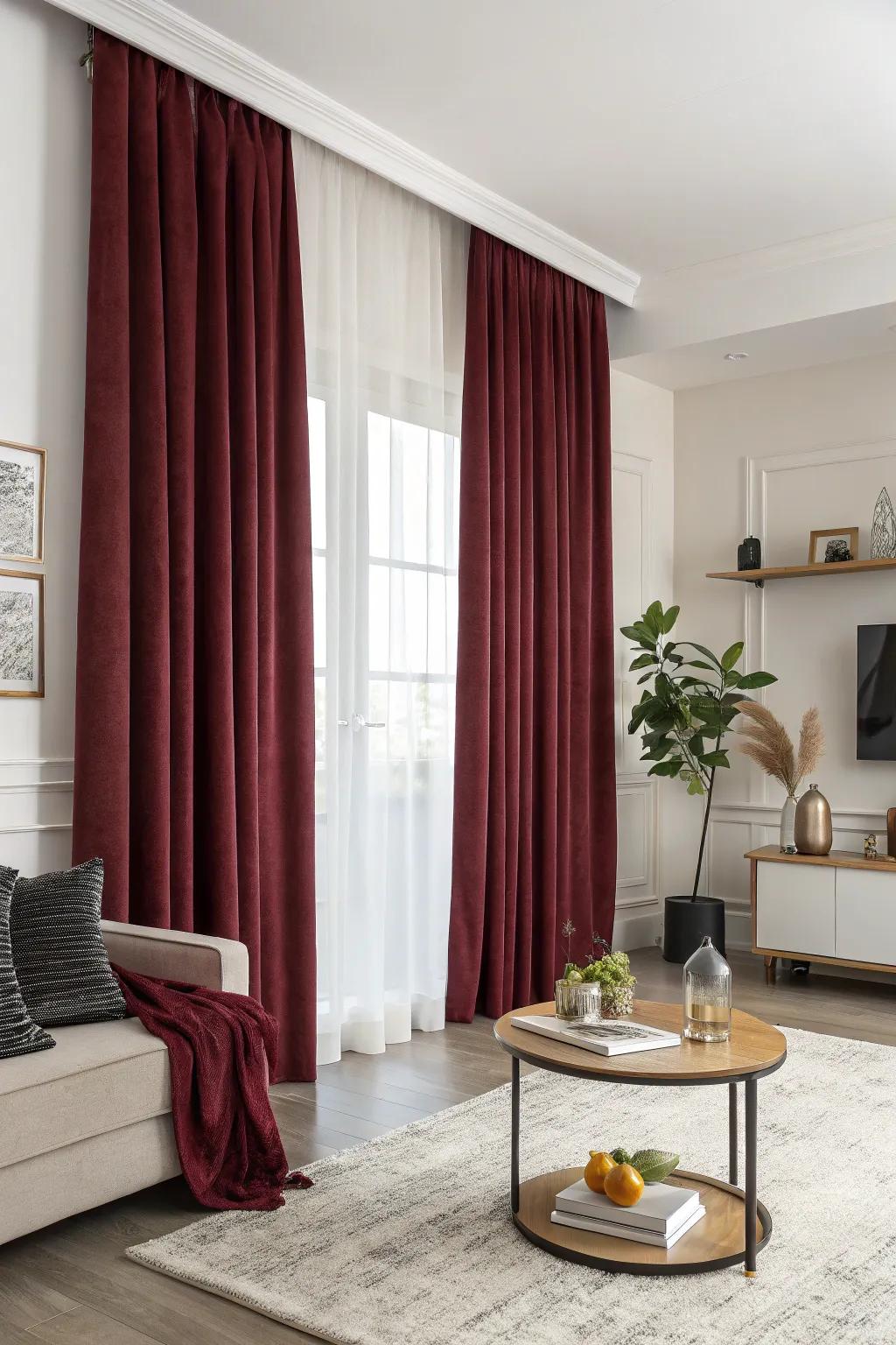 Living area featuring carmine curtains and modern minimalist décor.