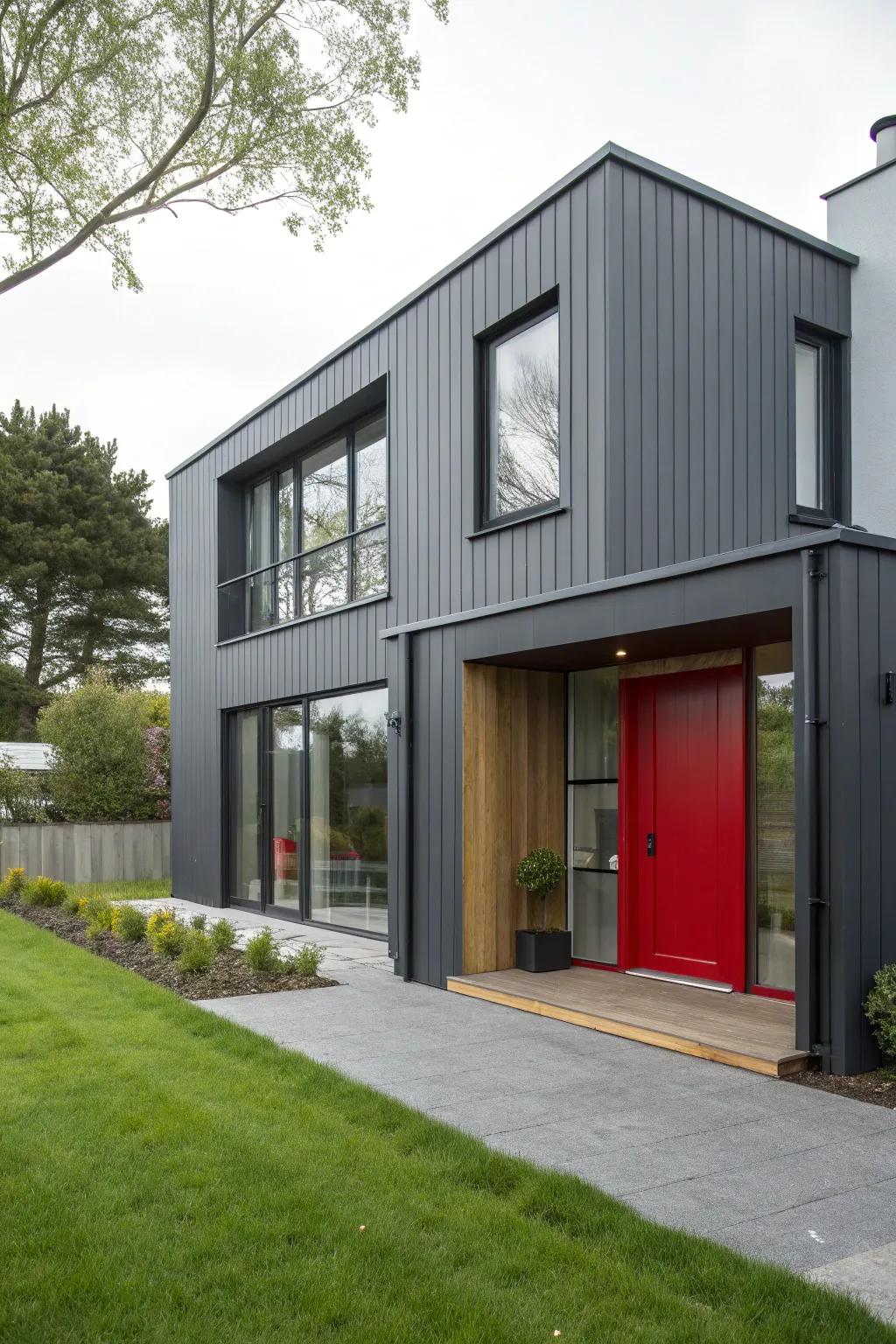 Graphite grey paired with a scarlet entry door for a striking modern look.