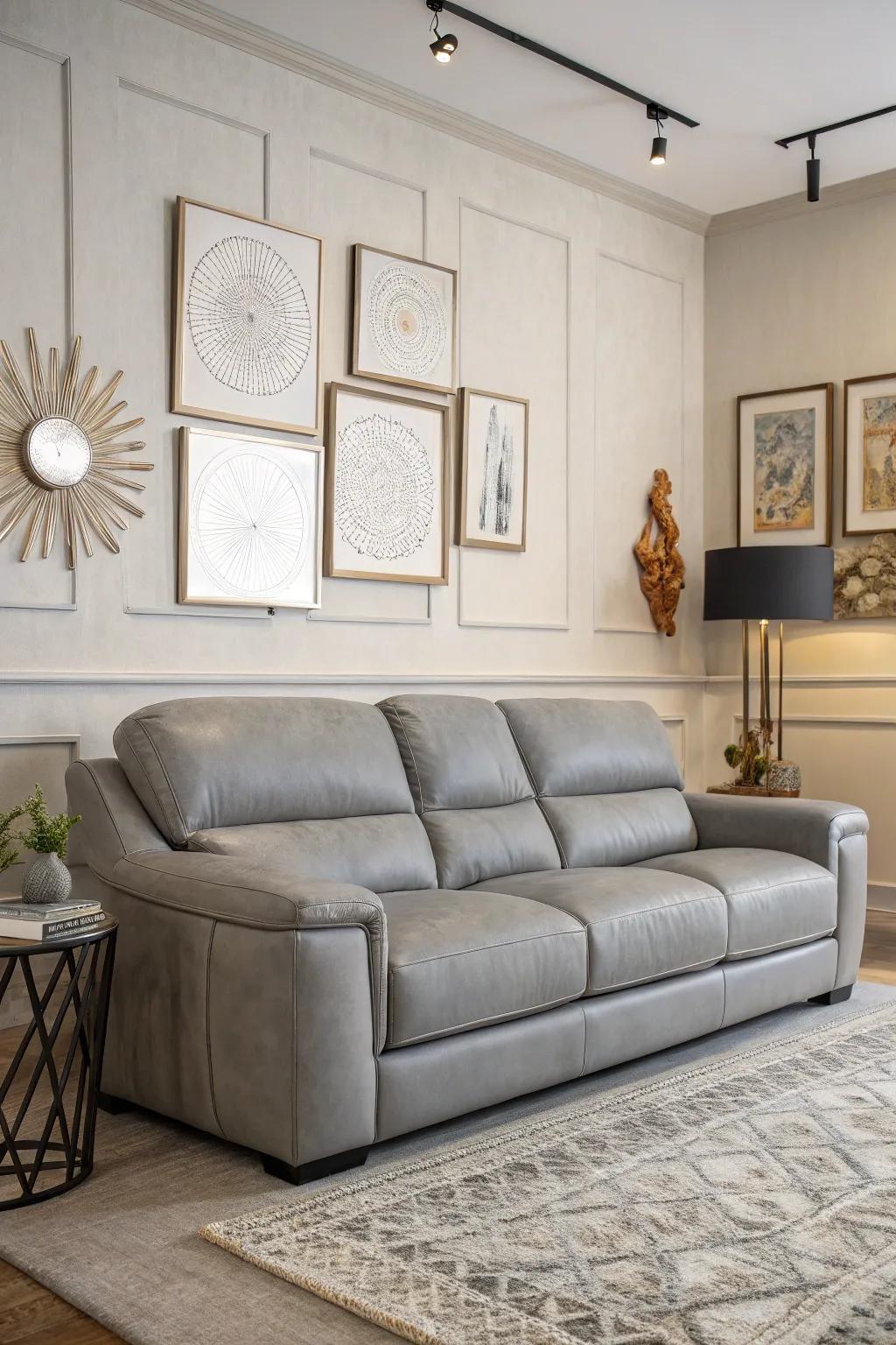 Contemporary wall art enhancing the allure of a grey hide settee.
