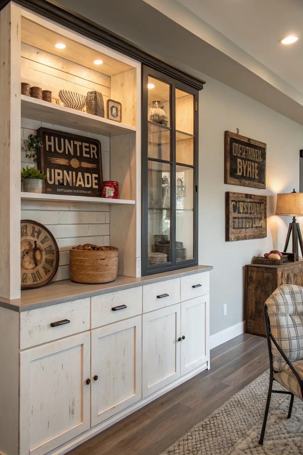 Vintage touches impart personality and coziness to the contemporary display cabinet.