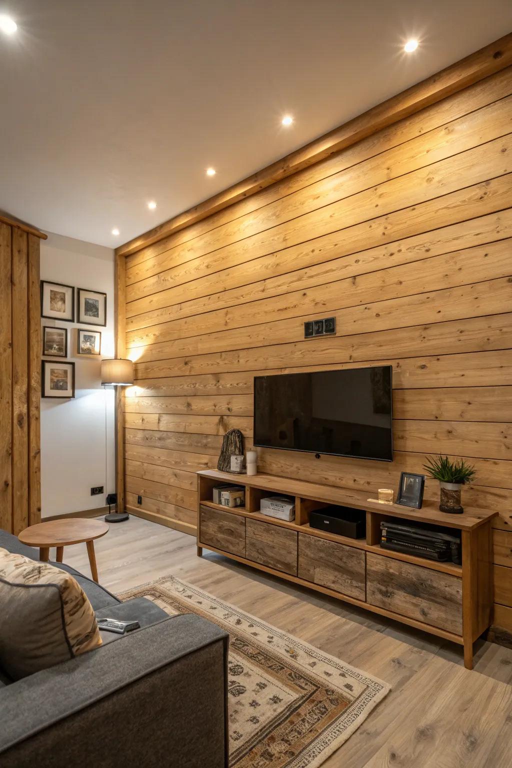 Natural timber paneling contributes warmth and a rustic feel to the modern family room.