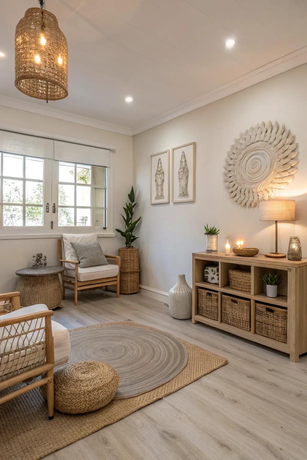 A neutral palette enhances the tranquility of bright timber floors.