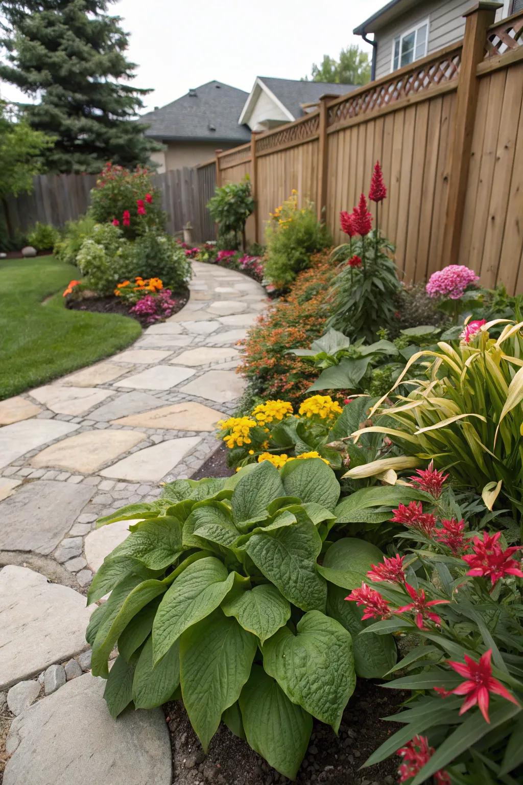 A front yard that presents contrasting textures and colors for an aesthetically pleasing design.