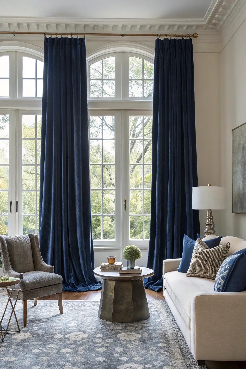 Dark window coverings dress the room with elegance.
