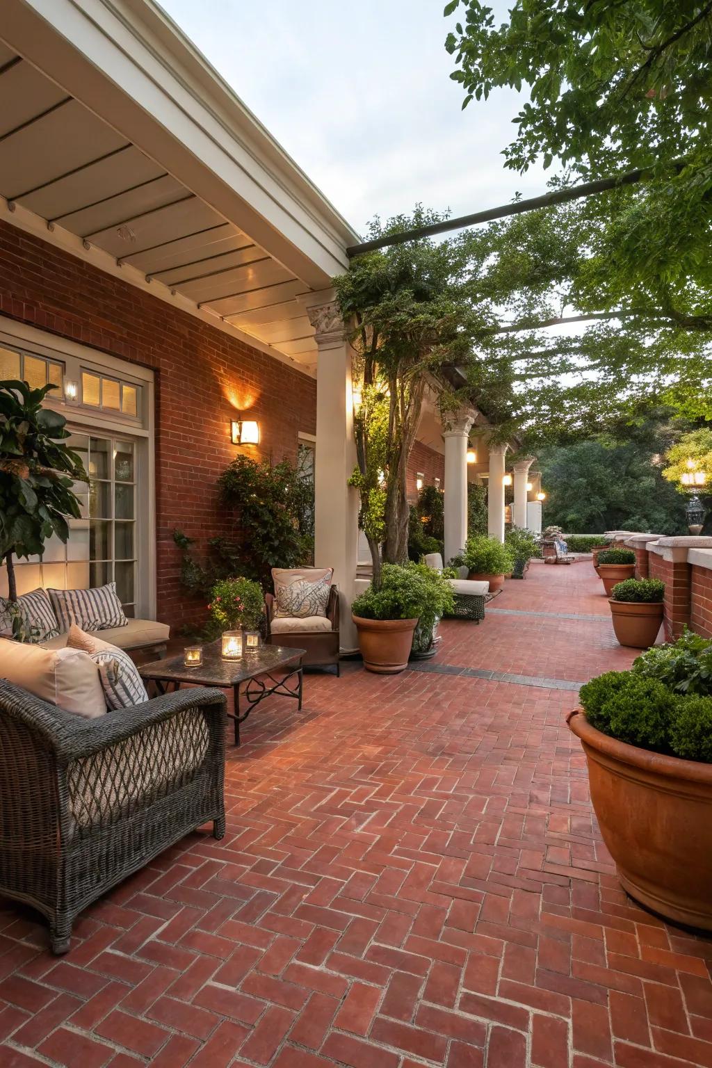 Brick flooring imbues patios with timeless appeal.