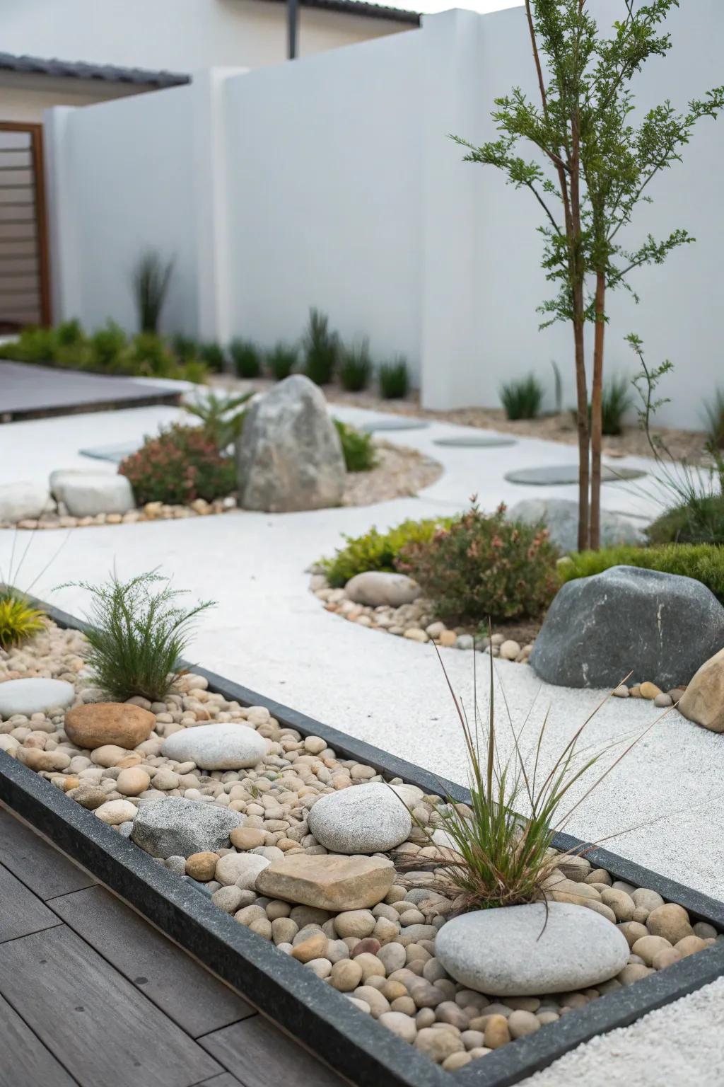 Defined lines and simplicity characterize this minimalist rock garden.