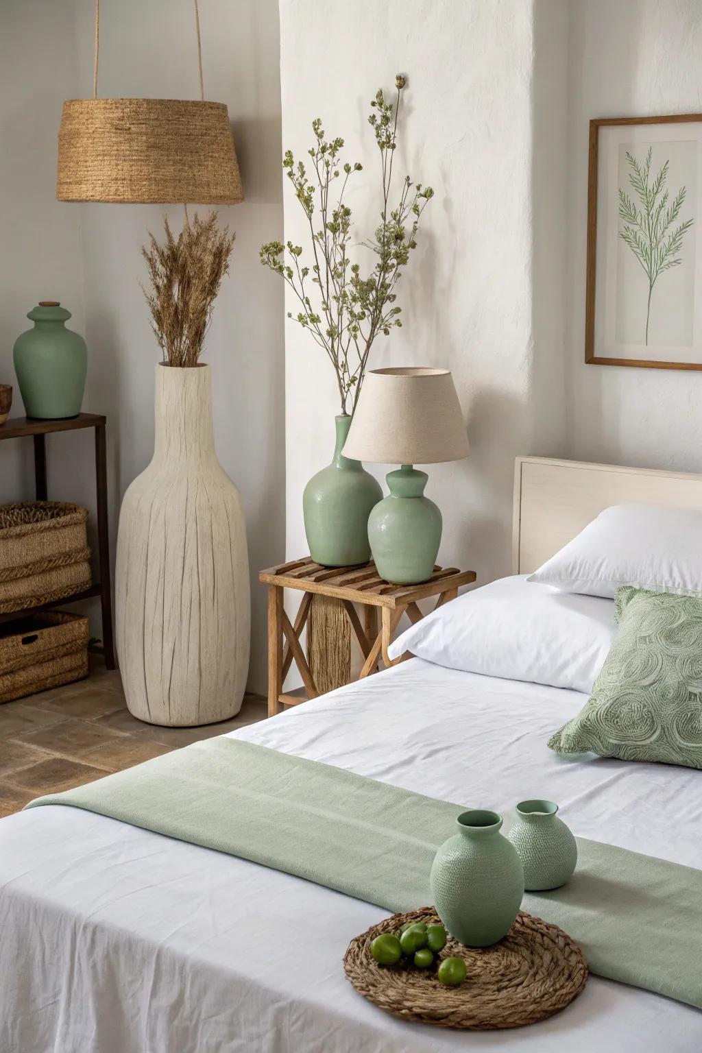 Simple sage green decor enhances the room’s simplicity and calmness.